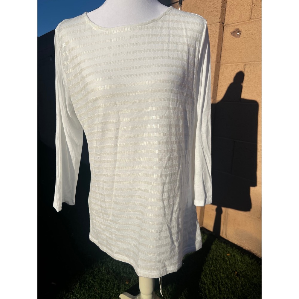 Liz Claiborne White Sequin Striped Long Sleeve Top Crew Neck Size M NWT